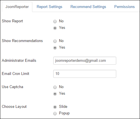 JoomReporter Settings